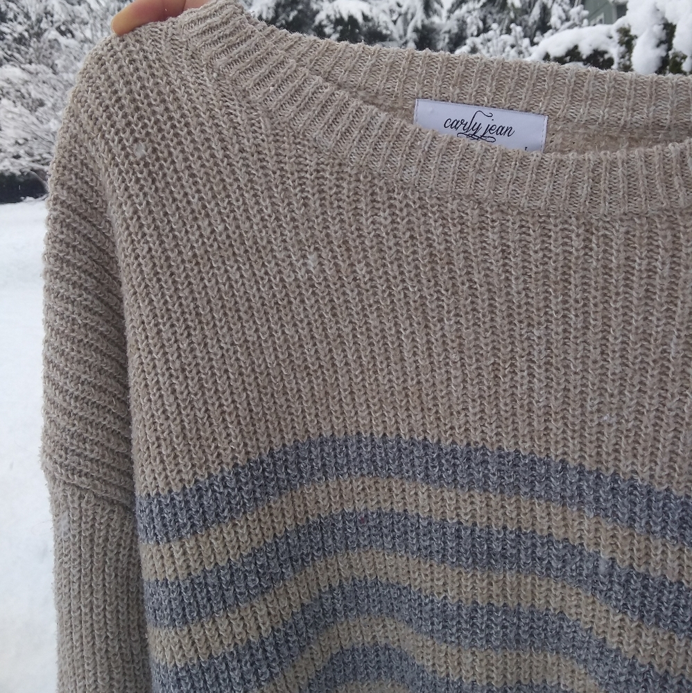Carly Jean Los Angeles Crewneck Sweater in Taupe and Gray Stripes